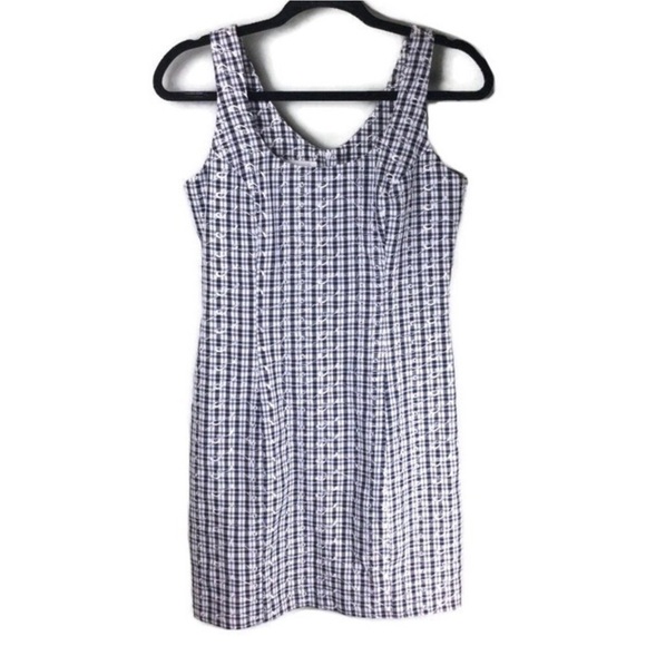 Express 90s Vintage Embroidered Floral Eyelet Plaid Sleeveless Mini Dress Size 6 - Picture 1 of 11